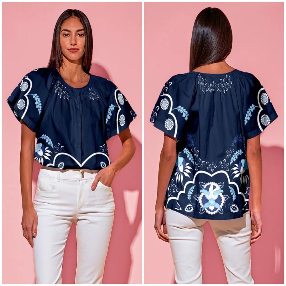 Tucker NYC The Short Sleeve Classic Blouse Small Royal Blue Dutch Floral Silk
